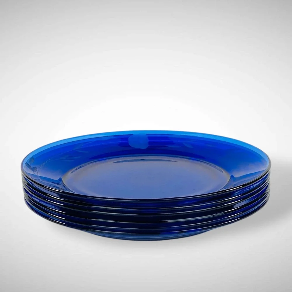 Princess House Heritage Blue Glass 8 Inch Salad Plates Set of 6 Vintage‎ 1974
